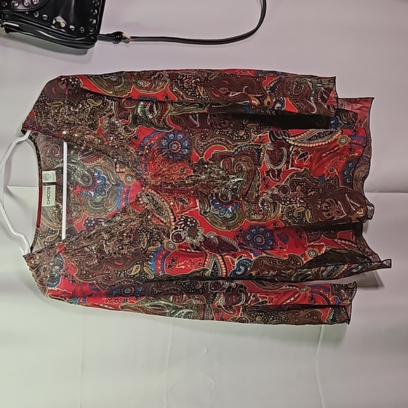 Chico's Paisley Print w/ Metallic Threads Top 100% SILK Sz L - Picture 1 of 6